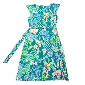 Lilly‎ Pulitzer Wrap Dress Medium Floral Teal Pink Cap Sleeve Stretch